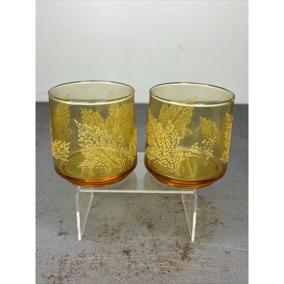 Unmarked Other - Vintage Amber Glass Leaf Embossed Lowball Juice Glasses MCM Cocktail